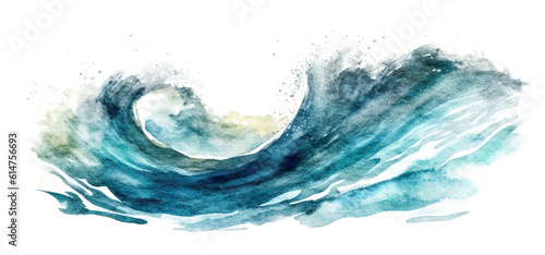 Ocean wave painted in watercolor, isolated on transparent white background