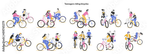 Healthy and active lifestyle. Young teenage characters hang out outside