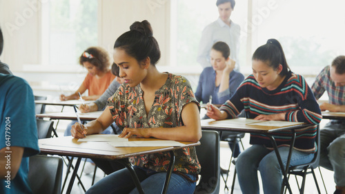 College students taking test at desks in classroom