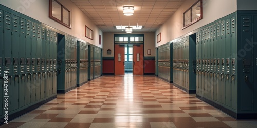 High school hallway with lockers. Education, classroom entrance. Hospital office empty building.