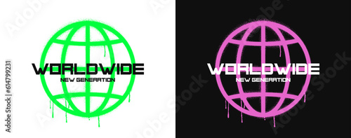 Worldwide - slogan for t-shirt design with graffiti drawn Earth globe that drips. Typography graphics for tee shirt with dripping World globe painted with graffiti spray. Apparel print design. Vector.