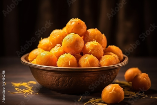 Indian sweet Motichoor laddoo is also known as Bundi Laddu or Motichur Laddoo which originated from very small Gram flour balls or Boondis which are deep fried.ai generative