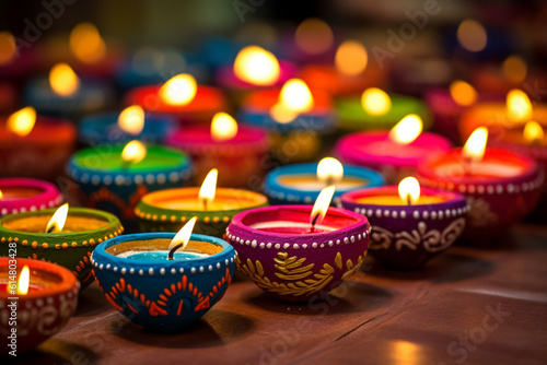 Happy Diwali - beautiful clay diya lamps lit during Diwali celebration. ai generative