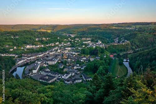 Aerial view on the Belgian city Bouillon in the Ardennes at the river Semois in the evening time.