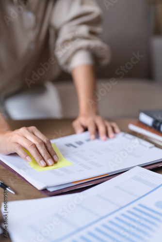 Image of woman calculate tax invoice at home, summarizing taxes, money planing..