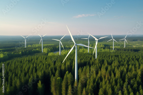 Wind turbine in the field, Harnessing Nature's Breath: A Captivating Photograph of a Wind Farm Amidst a Sunny Green Landscape, Where Elegant Turbines Embrace the Promise of Renewable Energy
