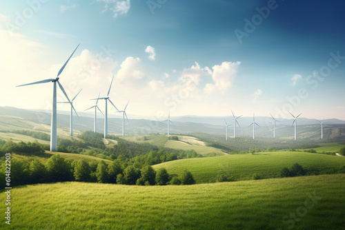 Wind turbine in the field, Harnessing Nature's Breath: A Captivating Photograph of a Wind Farm Amidst a Sunny Green Landscape, Where Elegant Turbines Embrace the Promise of Renewable Energy