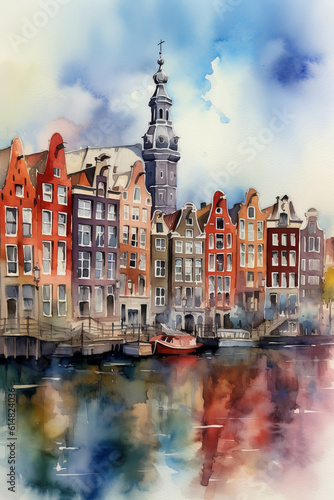 Amsterdam watercolor. illustration of the Dutch city of Amsterdam (Netherlands) in watercolor style. drawing. paint. illustration. travel, vacation, tourist destination. image created with ai