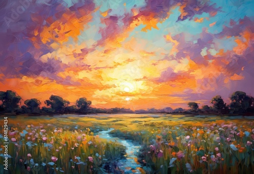Anime painting portrays a serene scene of clouds drifting over an open field. The clouds are depicted with soft, fluffy strokes, creating a dreamlike atmosphere.