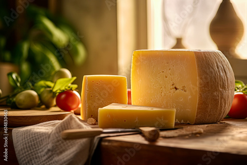 Parmesan cheese, known as Parmigiano Reggiano italian hard cheese in the kitchen. Generative Ai