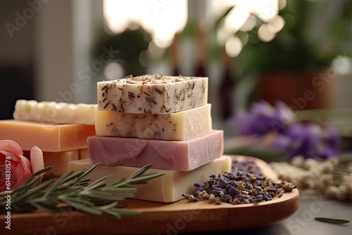 Natural colorful handmade soap with flowers and herbs. Generated by AI.