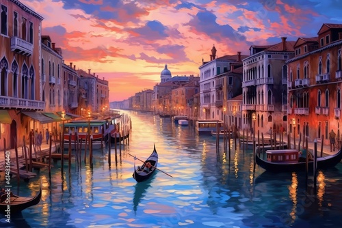 Sunset view of Grand Canal, Venice. Vaporetto or waterbus station, boats, gondolas