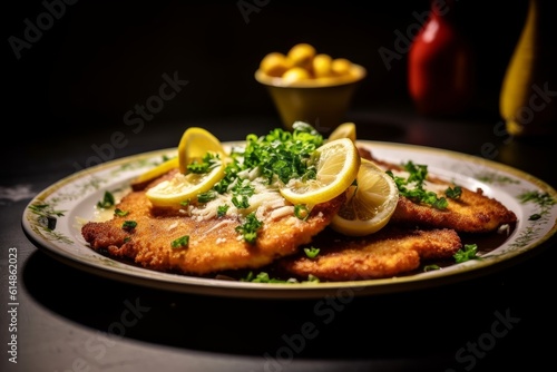 Cotoletta alla Milanese with a side of lemon wedges and a parsley garnish on a plate