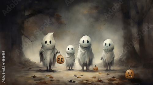 Cute ghosts on the road in the woods. Four little kids in white ghost costumes stand in an autumn foggy forest with glowing pumpkins. Watercolor Halloween illustration. Generative Ai.