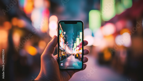 Hand holding smartphone captures colorful city nightlife performance on camera generated by AI