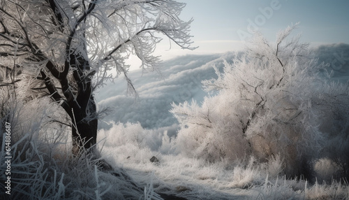 The frosty winter forest, a tranquil scene of frozen beauty generated by AI