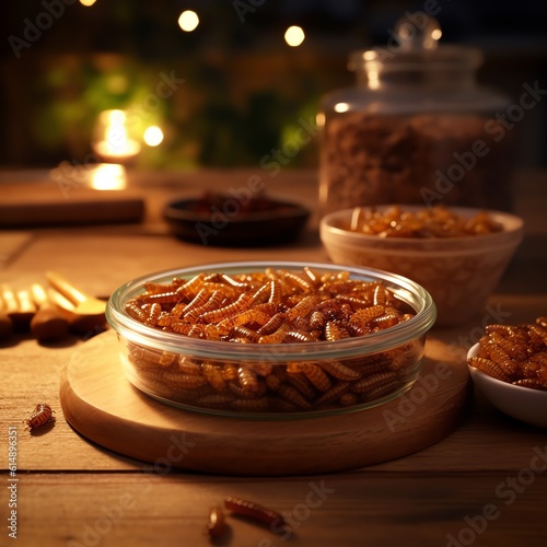 Snack insects. Tasty Mealworm larvae as food in a glass bowl. Fried worms for sale. Roasted mealworms. Ai generated