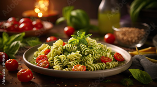 illustration of a pasta with pesto dish - AI generated image.