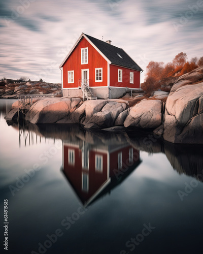 minimalist image of a beautiful idyllic island in the swedish archipelago, cute red cabin, beautiful water. concept of tranquility, relaxation, rest, vacation. image created with ai