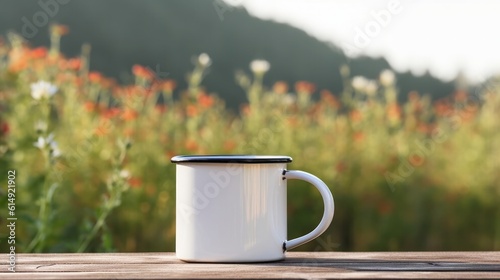 Close up of metal mug on wooden table with defocused blooming mountain meadow. Outdoor tea, coffee time. Mockup of white enamel cup. Lifestyle relax, trekking and camping concept.