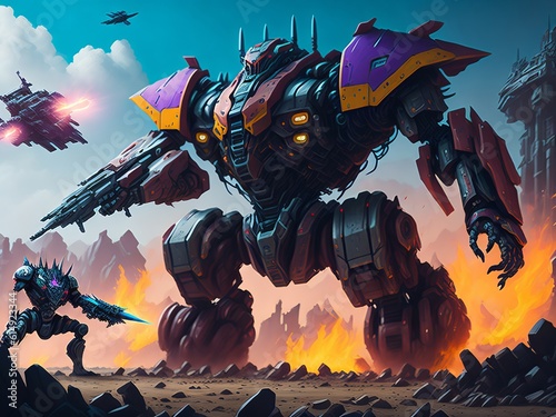 Epic clash between colossal mechs in a war. Generative AI