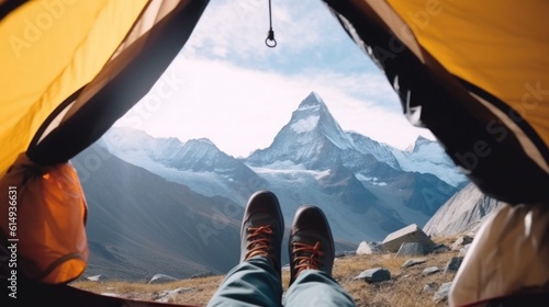 hiker resting in a tent on Mount Everest generative ai