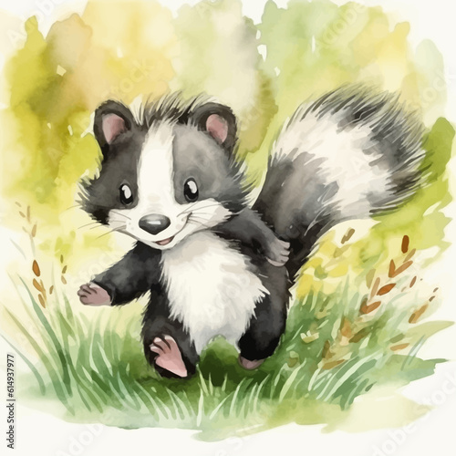 Cute skunk cartoon in watercolor painting style