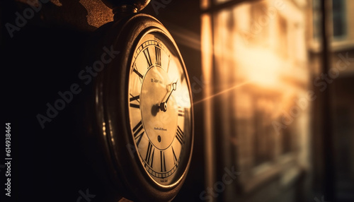 An antique clock face with elegant chrome hands and bell generated by AI