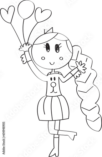 Cute cartoon character. Girl smiling and holding balloons drawing in doodle line art style. Cute little girl with balloons. Vector illustration for coloring book.