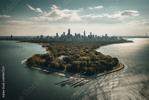 Chicago skyline aerial view from North Shore with Belmont Harbor and Lake Michigan. Generative AI