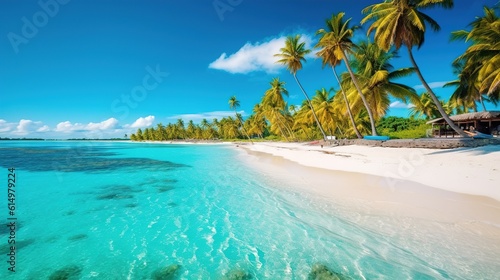 Tropical paradise Beach With Crystal-clear turquoise. Paradise Found Stunning Seascape of a Tranquil Beach with Crystal-clear Water and Palm Trees. Generative ai.