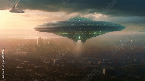 Giant alien ship over city, Large flying Saucer, Visual effect element, invasion sci fi concept, Engine thrust.