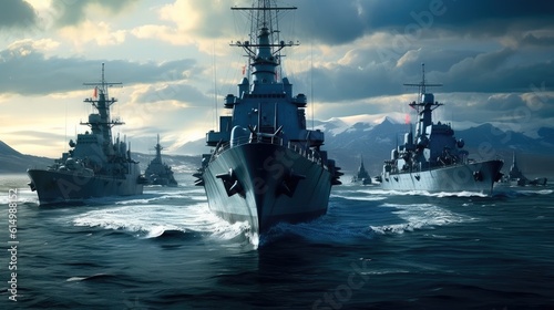 Battleships warships corvette in a military combat zone maneuvering over water at sea. Warships, Boats perform tasks in sea, military warships sailing, Navy