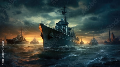 Battleships warships corvette in a military combat zone maneuvering over water at sea. Warships, Boats perform tasks in sea, military warships sailing, Navy