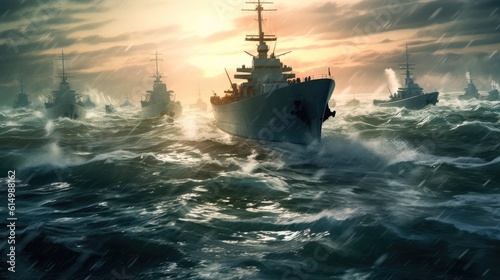 Battleships warships corvette in a military combat zone maneuvering over water at sea. Warships, Boats perform tasks in sea, military warships sailing, Navy