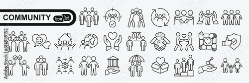 Community icon set. Containing people, friendship, social, diversity, village, relationships, support and community development icons. Solid icon collection