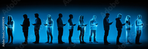 Diverse people using smartphones, illustrating technology's influence on human interaction, with soft colors and blue glow on faces. Great for tech dependency dangers campaigns. Generative AI