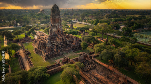 Aerial view of Ayutthaya ancient buddhist temple near the Chao Phraya river in Ayutthaya, Thailand