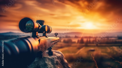 A sniper rifle from a rifle with an optical sight. On the Sunset. Sports shooting and hunting concept, copy space for text