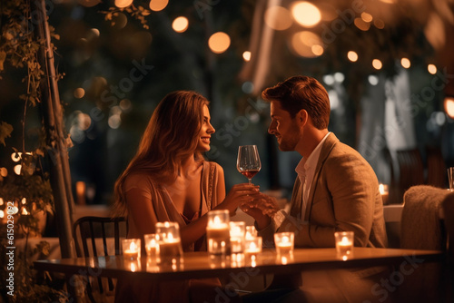 A couple sharing a candlelit dinner at an outdoor restaurant, with sparkling bokeh lights in the background Generative AI