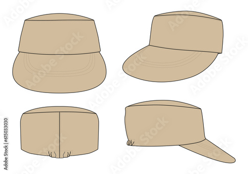 Khaki military cadet cap with flex fit elasticity closed template on white background, vector file