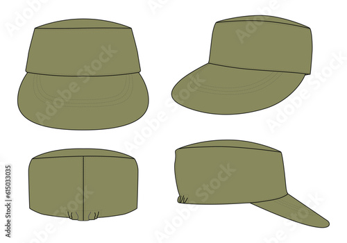 Olive green military cadet cap with flex fit elasticity closed template on white background, vector file