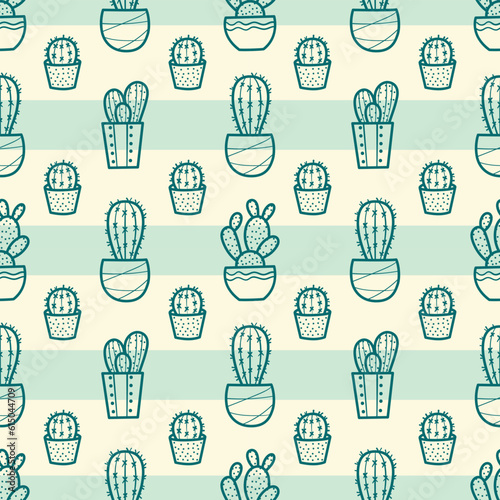 Cactus vector pattern with stipes, hand drawn house plants seamless background, green wallpaper