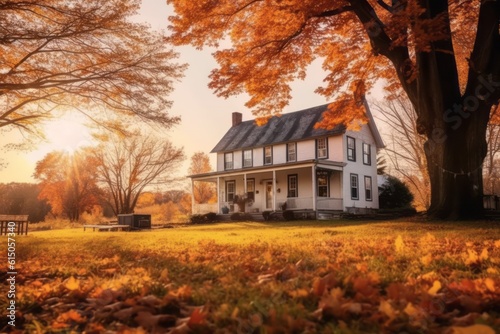 A charming farmhouse surrounded by vibrant autumn trees, showcasing the idyllic beauty of rural landscapes during the fall season. Generative AI