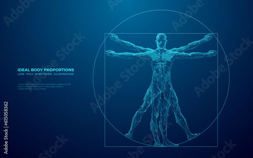 Digital Vitruvian Human. Da Vinci Anatomy Body is Made of connected dots, lines and triangles. Abstract Polygonal Wireframe Vector Illustration on Technological Blue Background.