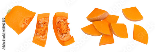 pumpkin or butternut squash slice isolated on white background with full depth of field. Top view. Flat lay