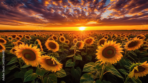 hermoso paisaje de un campo agricola de girasoles con epico atardecer, ilustracion de ia generativa