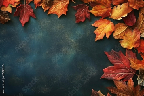 Autumn leaves on dark blue chalkboard background with copy space for text. Back to school. Generative AI.