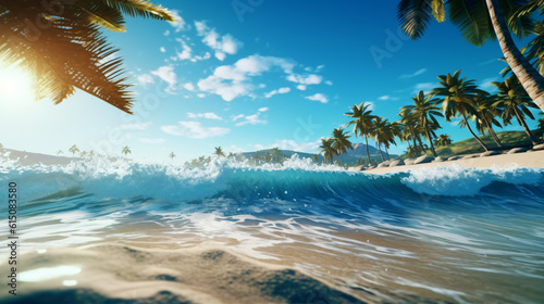 summer wallpaper beach scene, waves surf with amazing blue ocean sea island palm tree, ocean wallpaper 