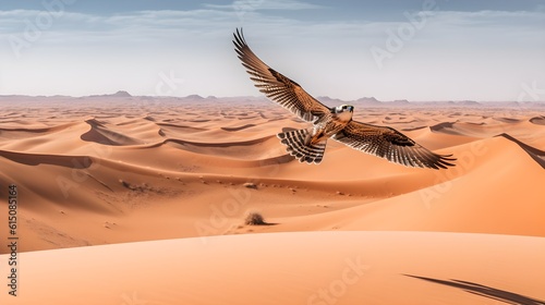 A majestic falcon roaming a vast desert landscape. Created with Generative AI Technology